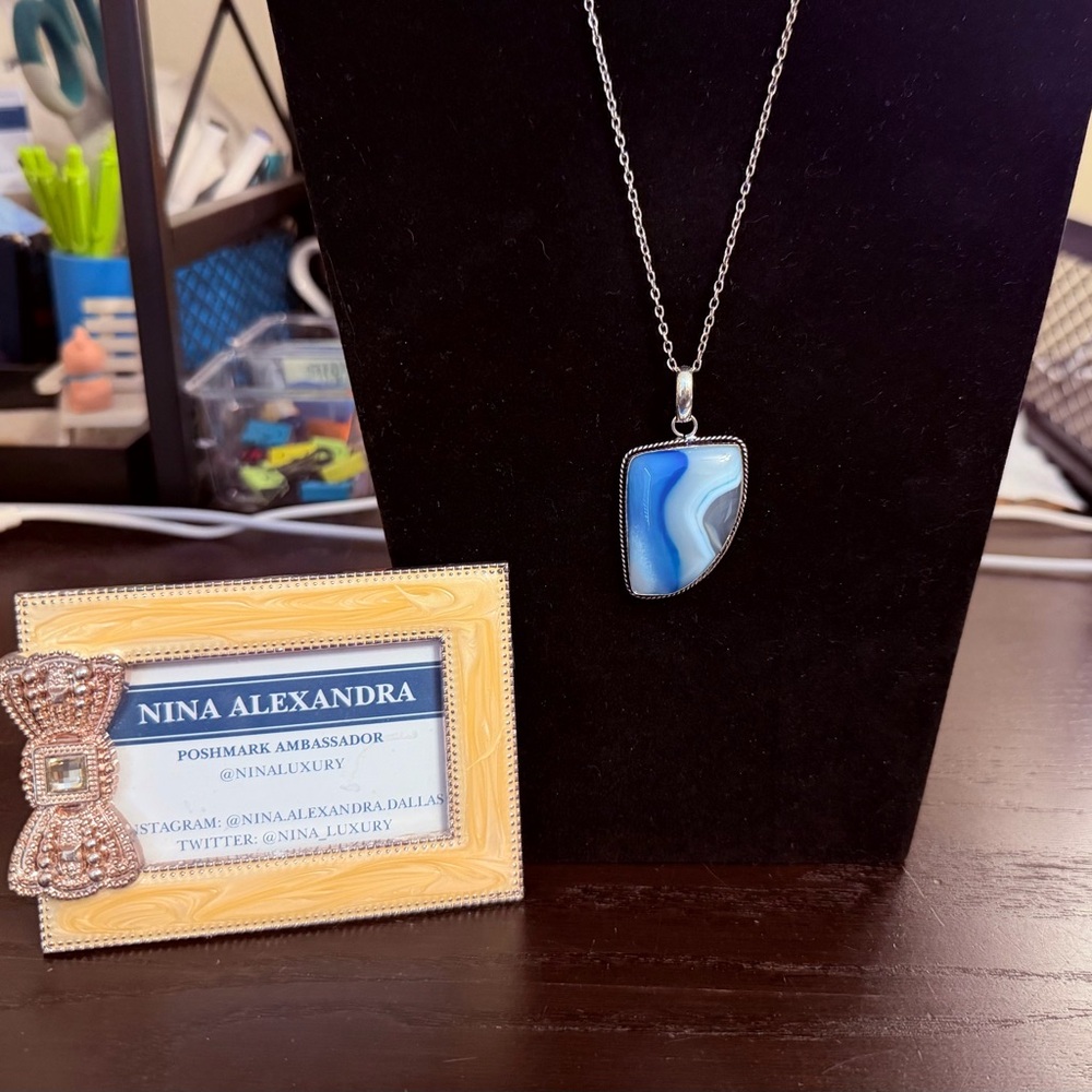 Natural Blue Botswana Agate Pendant 925 Silver